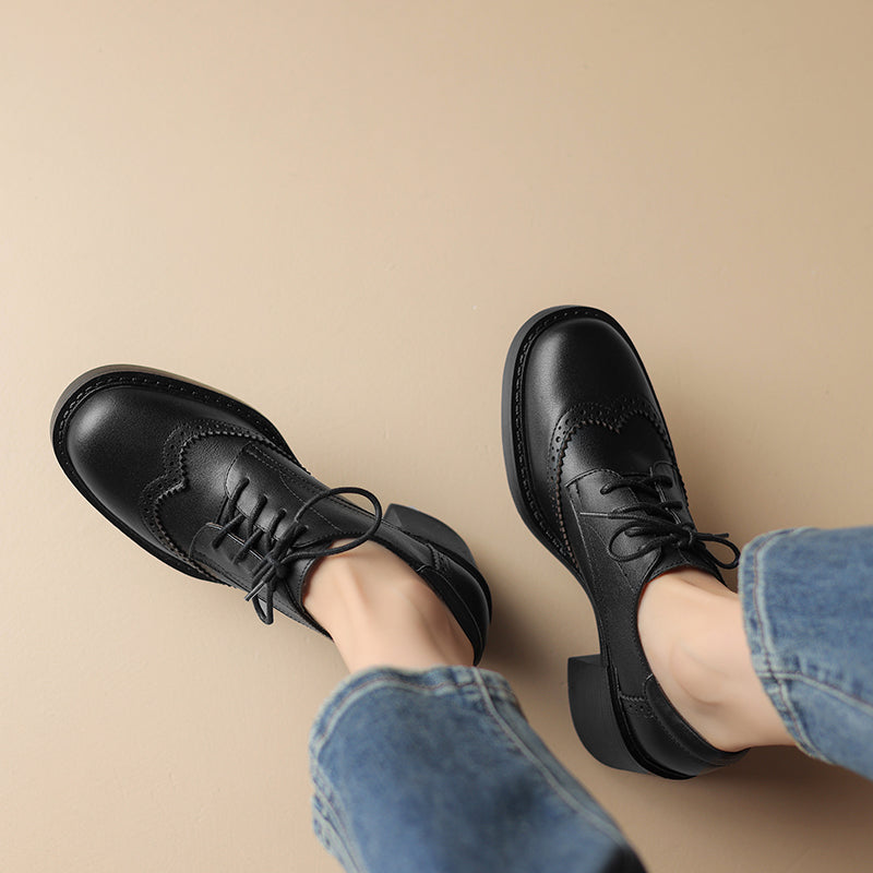 Women's Leather Brogue Oxfords Winter Warm Fur Lined Round Toe Lace-up Block Heel Pumps