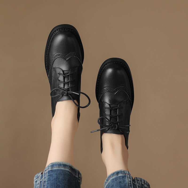 Women's Leather Brogue Oxfords Winter Warm Fur Lined Round Toe Lace-up Block Heel Pumps