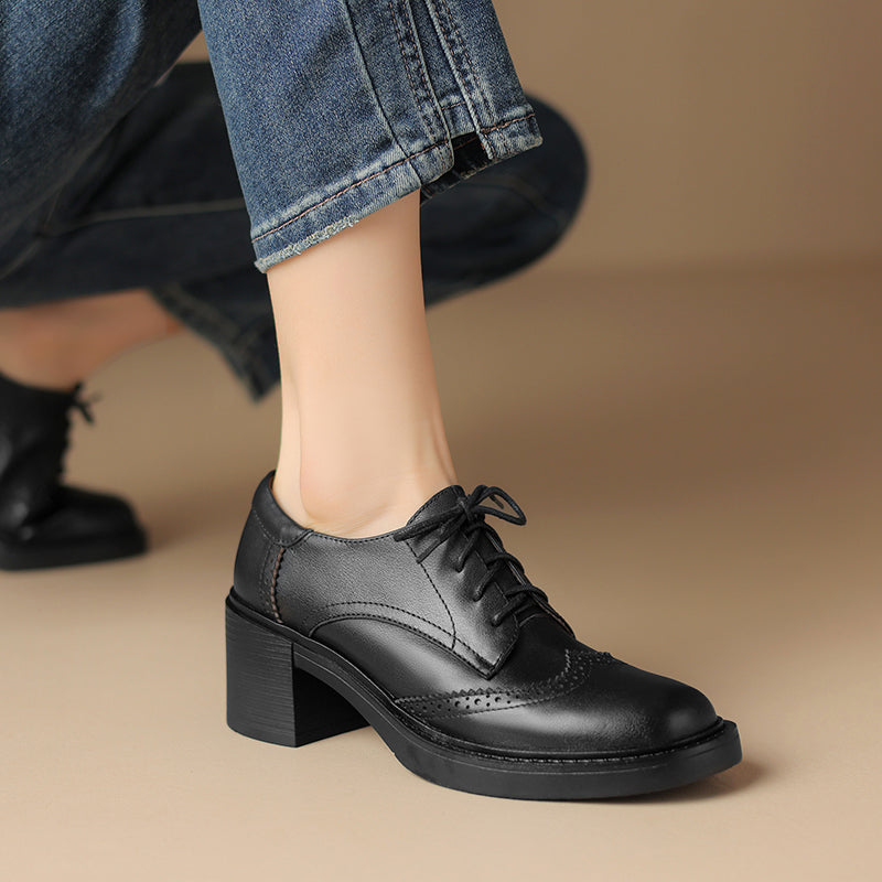Women's Leather Brogue Oxfords Winter Warm Fur Lined Round Toe Lace-up Block Heel Pumps