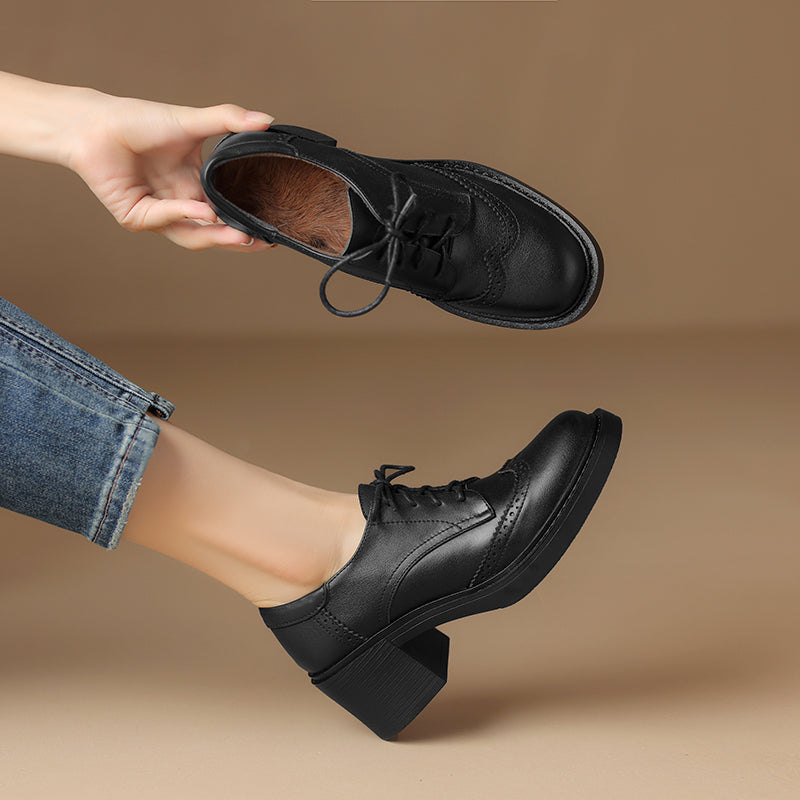 Women's Leather Brogue Oxfords Winter Warm Fur Lined Round Toe Lace-up Block Heel Pumps