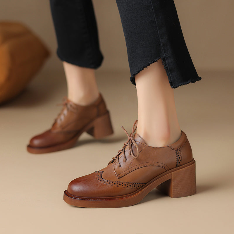 Women's Leather Brogue Oxfords Winter Warm Fur Lined Round Toe Lace-up Block Heel Pumps