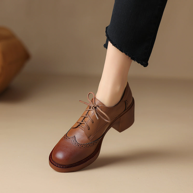 Women's Leather Brogue Oxfords Winter Warm Fur Lined Round Toe Lace-up Block Heel Pumps