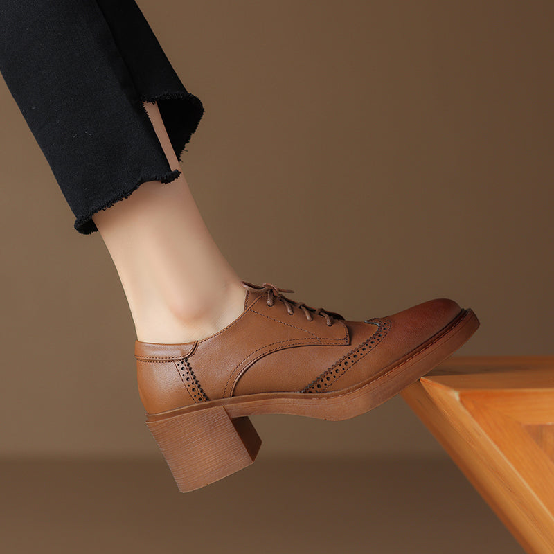 Women's Leather Brogue Oxfords Winter Warm Fur Lined Round Toe Lace-up Block Heel Pumps
