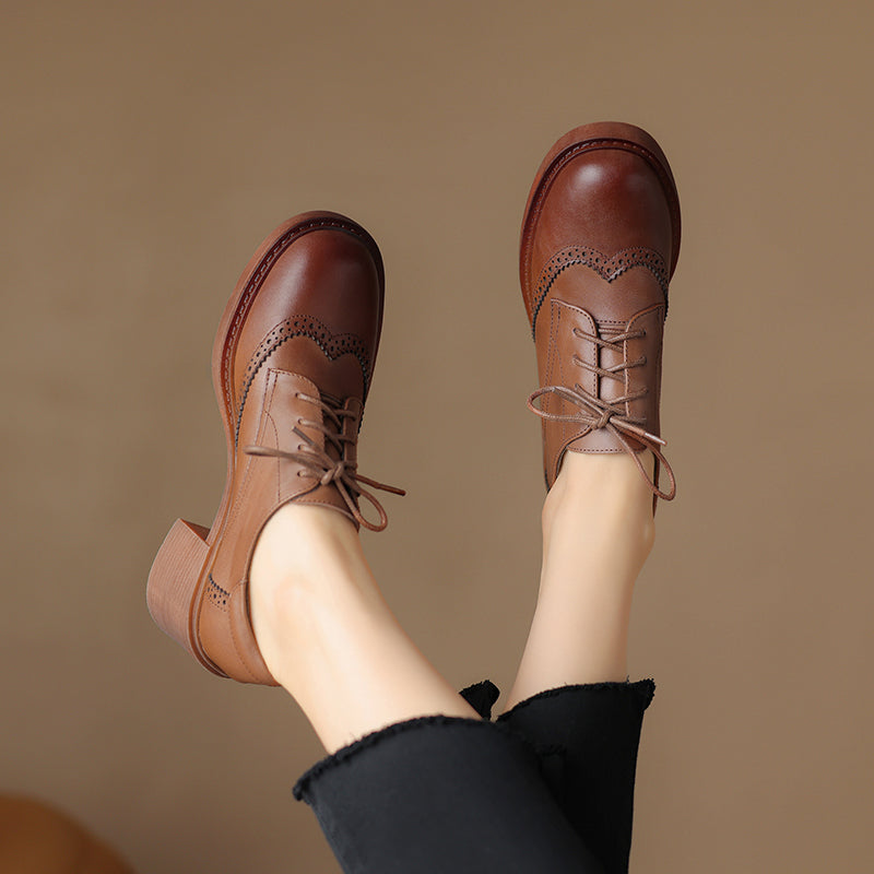Women's Leather Brogue Oxfords Winter Warm Fur Lined Round Toe Lace-up Block Heel Pumps