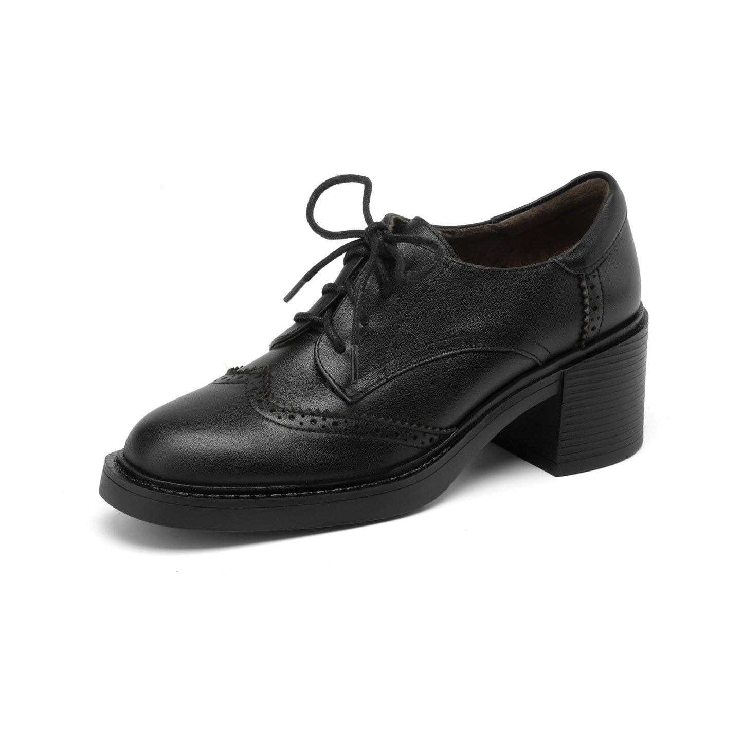 Women's Leather Brogue Oxfords Winter Warm Fur Lined Round Toe Lace-up Block Heel Pumps
