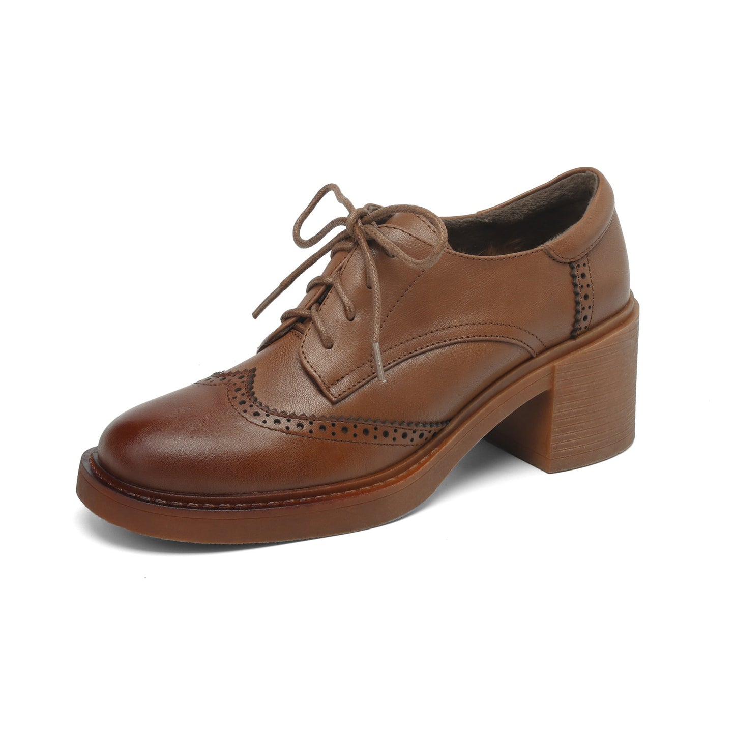 Women's Leather Brogue Oxfords Winter Warm Fur Lined Round Toe Lace-up Block Heel Pumps