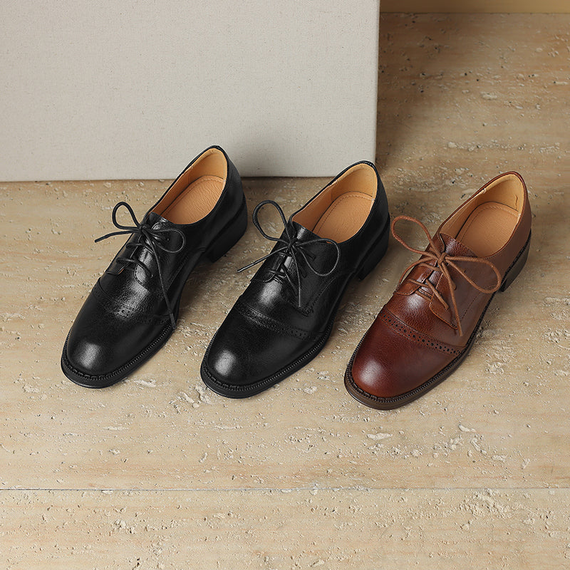 Women's Retro Cowhide Oxfords Round Toe Lace-up Cap Toe Brogue Low Block Heel Shoes