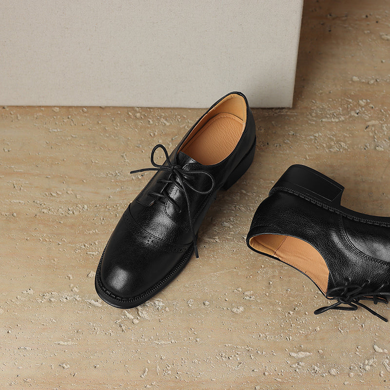 Women's Retro Cowhide Oxfords Round Toe Lace-up Cap Toe Brogue Low Block Heel Shoes