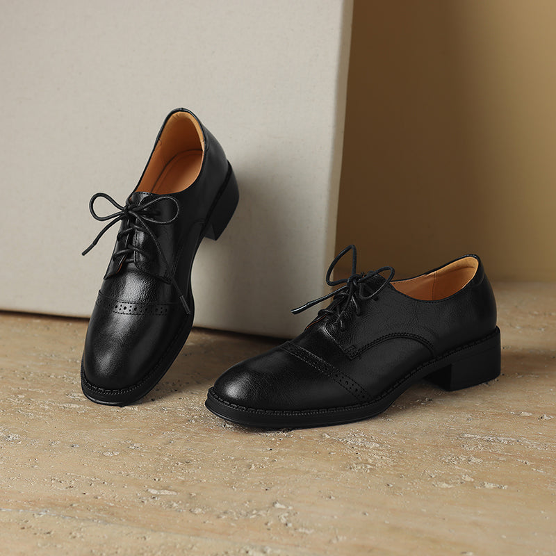 Women's Retro Cowhide Oxfords Round Toe Lace-up Cap Toe Brogue Low Block Heel Shoes