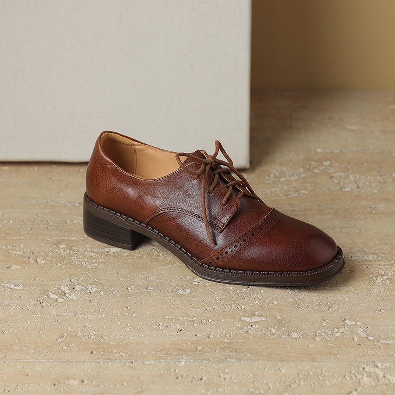 Women's Retro Cowhide Oxfords Round Toe Lace-up Cap Toe Brogue Low Block Heel Shoes