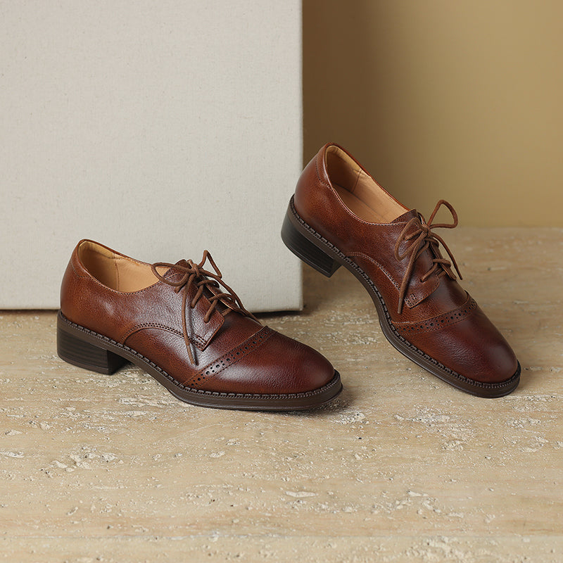 Women's Retro Cowhide Oxfords Round Toe Lace-up Cap Toe Brogue Low Block Heel Shoes