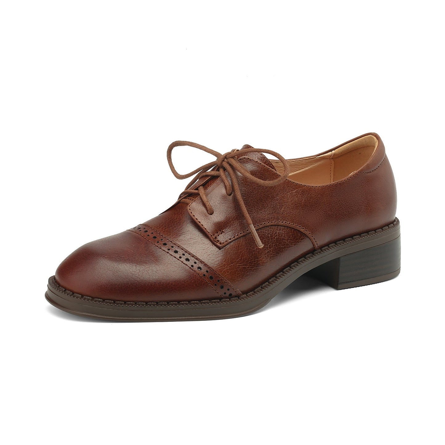 Women's Retro Cowhide Oxfords Round Toe Lace-up Cap Toe Brogue Low Block Heel Shoes