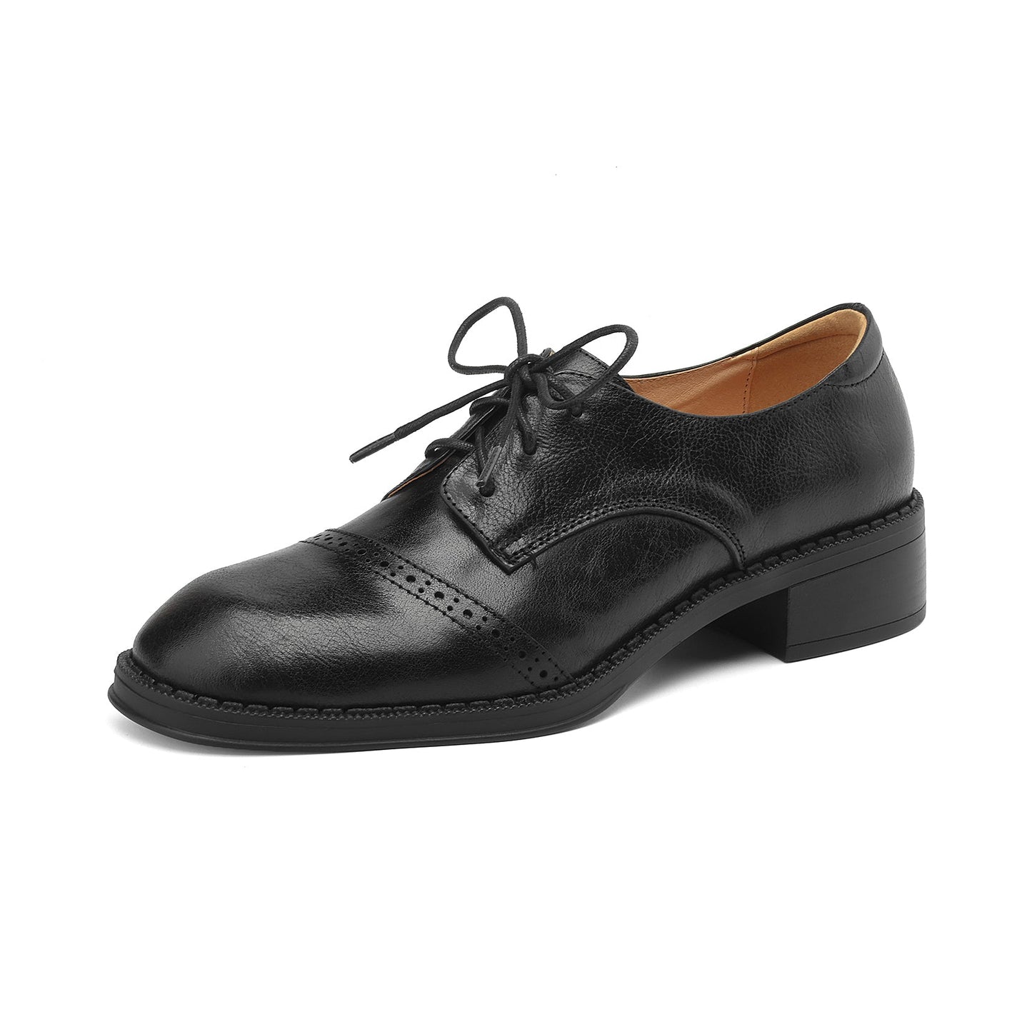 Women's Retro Cowhide Oxfords Round Toe Lace-up Cap Toe Brogue Low Block Heel Shoes