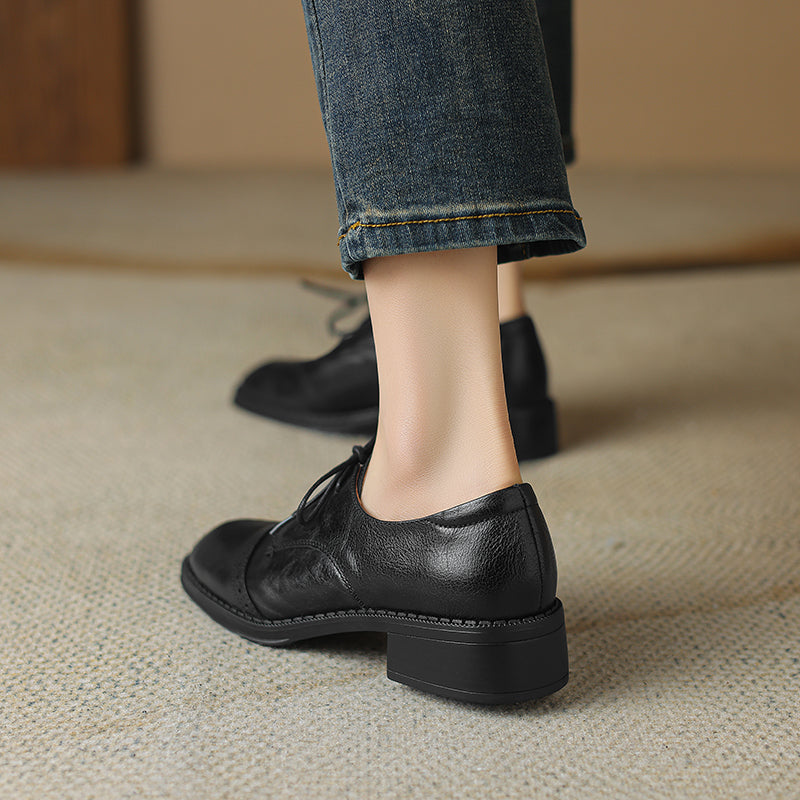 Women's Retro Cowhide Oxfords Round Toe Lace-up Cap Toe Brogue Low Block Heel Shoes