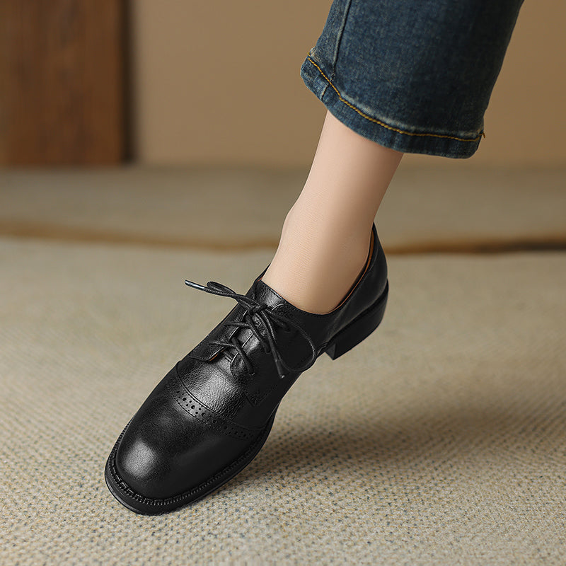 Women's Retro Cowhide Oxfords Round Toe Lace-up Cap Toe Brogue Low Block Heel Shoes