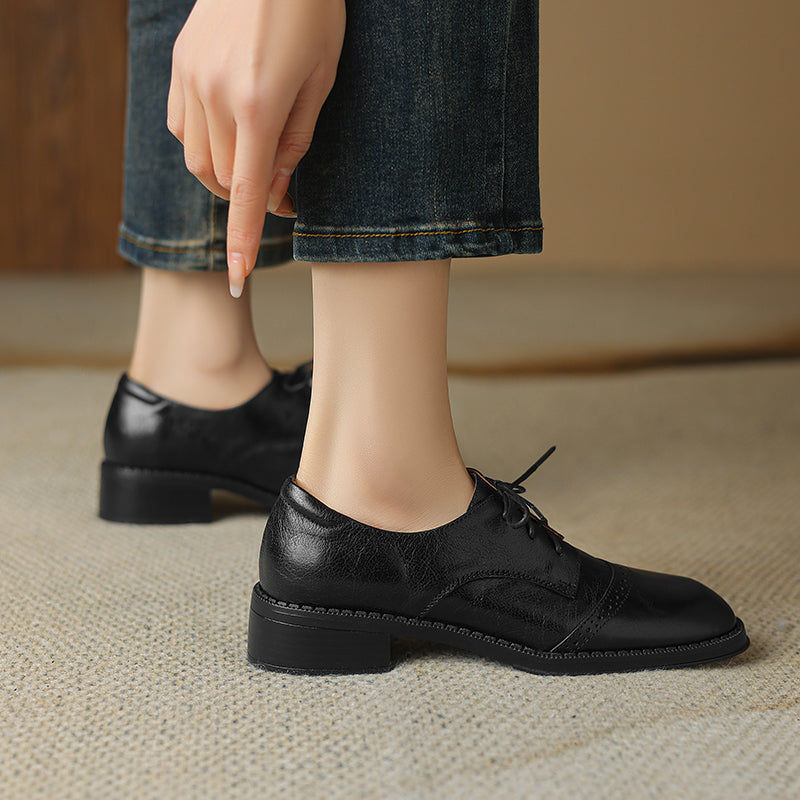 Women's Retro Cowhide Oxfords Round Toe Lace-up Cap Toe Brogue Low Block Heel Shoes