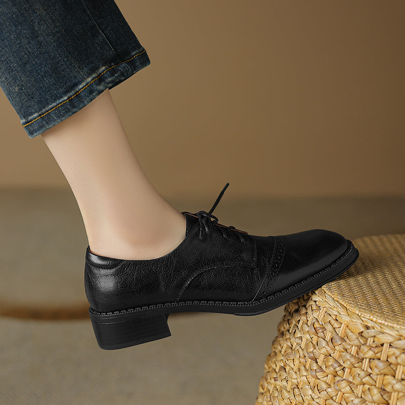 Women's Retro Cowhide Oxfords Round Toe Lace-up Cap Toe Brogue Low Block Heel Shoes