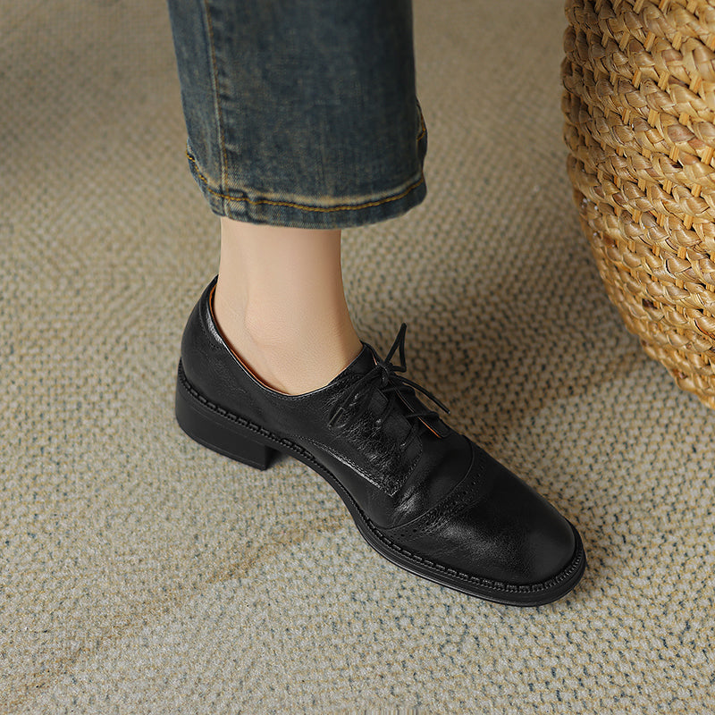 Women's Retro Cowhide Oxfords Round Toe Lace-up Cap Toe Brogue Low Block Heel Shoes