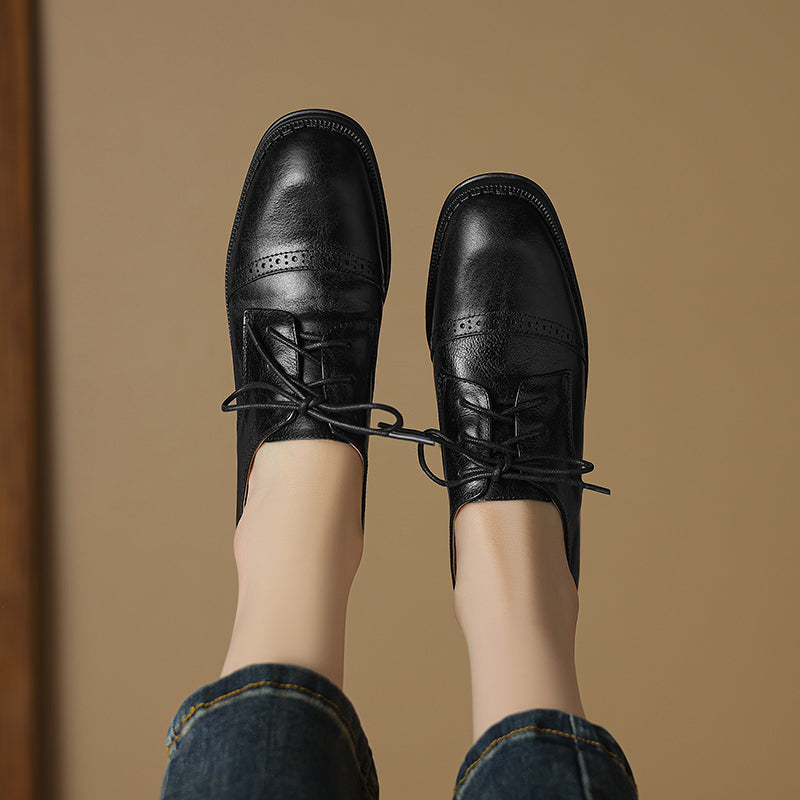 Women's Retro Cowhide Oxfords Round Toe Lace-up Cap Toe Brogue Low Block Heel Shoes