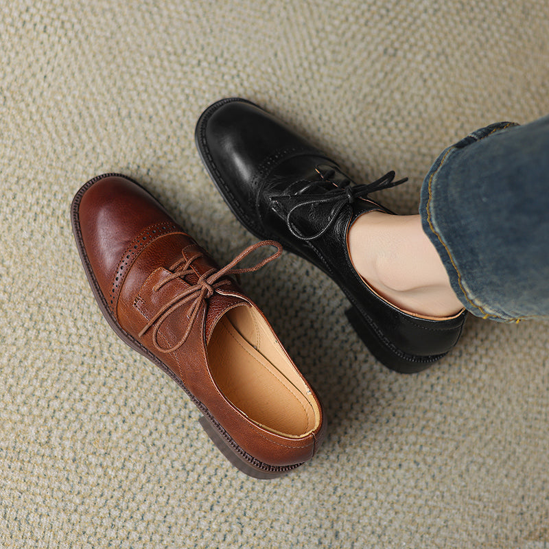 Women's Retro Cowhide Oxfords Round Toe Lace-up Cap Toe Brogue Low Block Heel Shoes