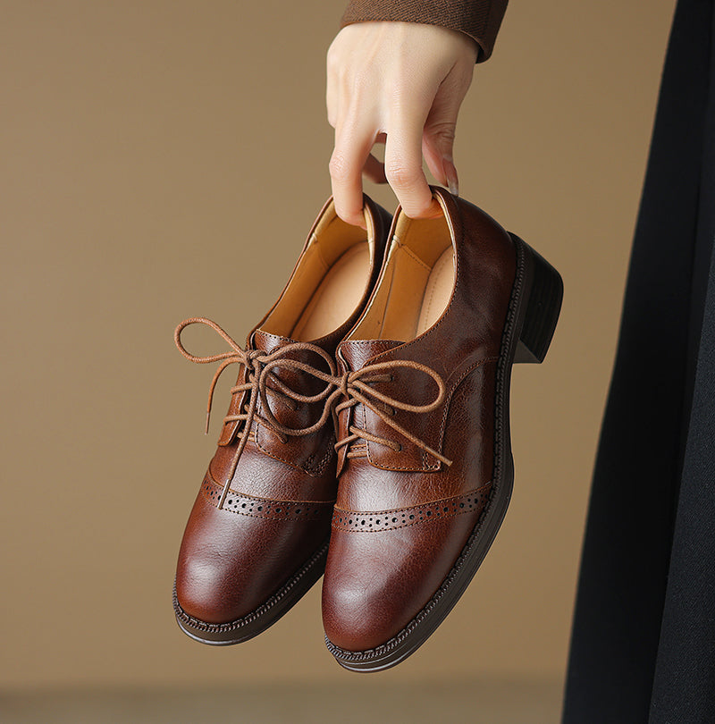 Women's Retro Cowhide Oxfords Round Toe Lace-up Cap Toe Brogue Low Block Heel Shoes