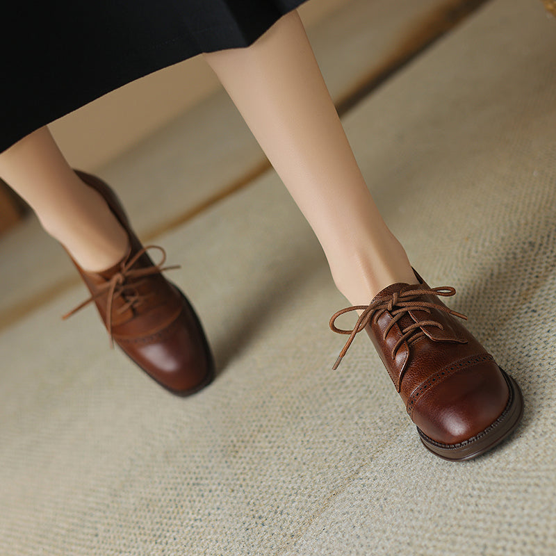 Women's Retro Cowhide Oxfords Round Toe Lace-up Cap Toe Brogue Low Block Heel Shoes