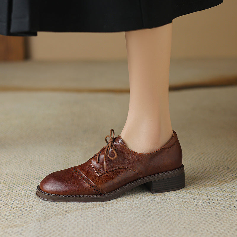 Women's Retro Cowhide Oxfords Round Toe Lace-up Cap Toe Brogue Low Block Heel Shoes