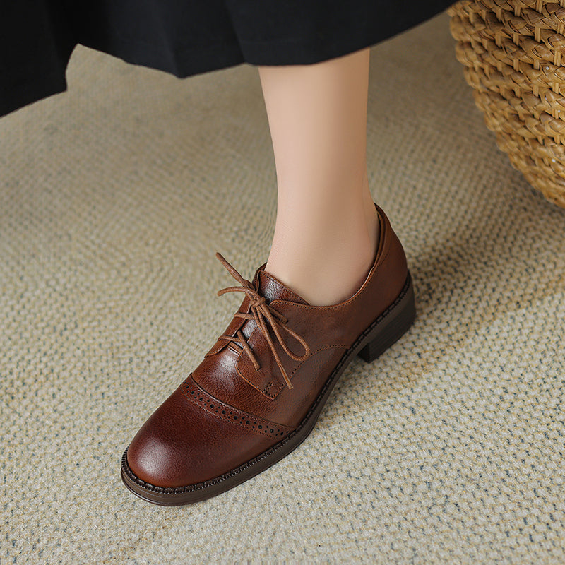 Women's Retro Cowhide Oxfords Round Toe Lace-up Cap Toe Brogue Low Block Heel Shoes
