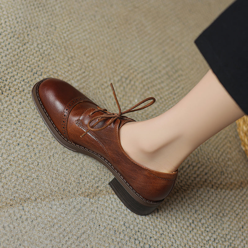Women's Retro Cowhide Oxfords Round Toe Lace-up Cap Toe Brogue Low Block Heel Shoes