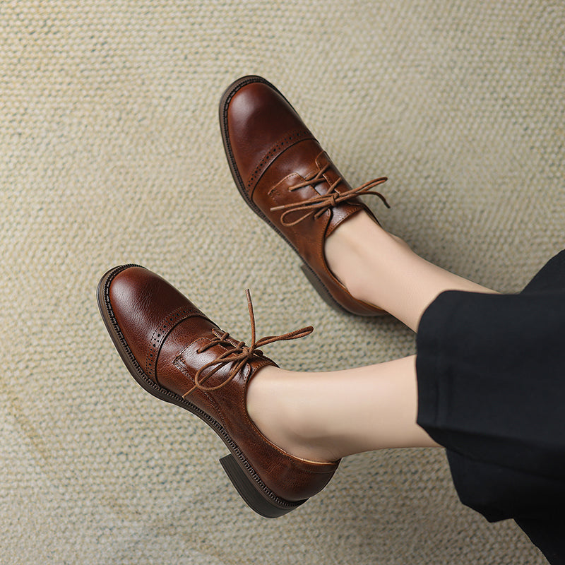 Women's Retro Cowhide Oxfords Round Toe Lace-up Cap Toe Brogue Low Block Heel Shoes