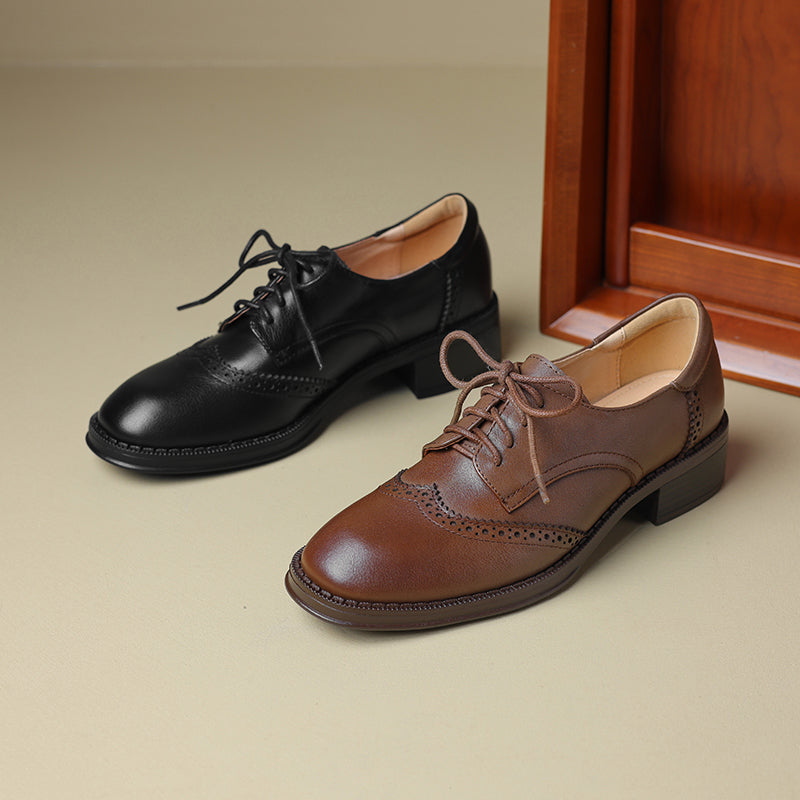 Women's Genuine Leather Brogue Oxfords Spring Fall Round Toe Lace-up Block Heel Shoes