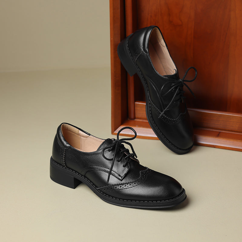 Women's Genuine Leather Brogue Oxfords Spring Fall Round Toe Lace-up Block Heel Shoes