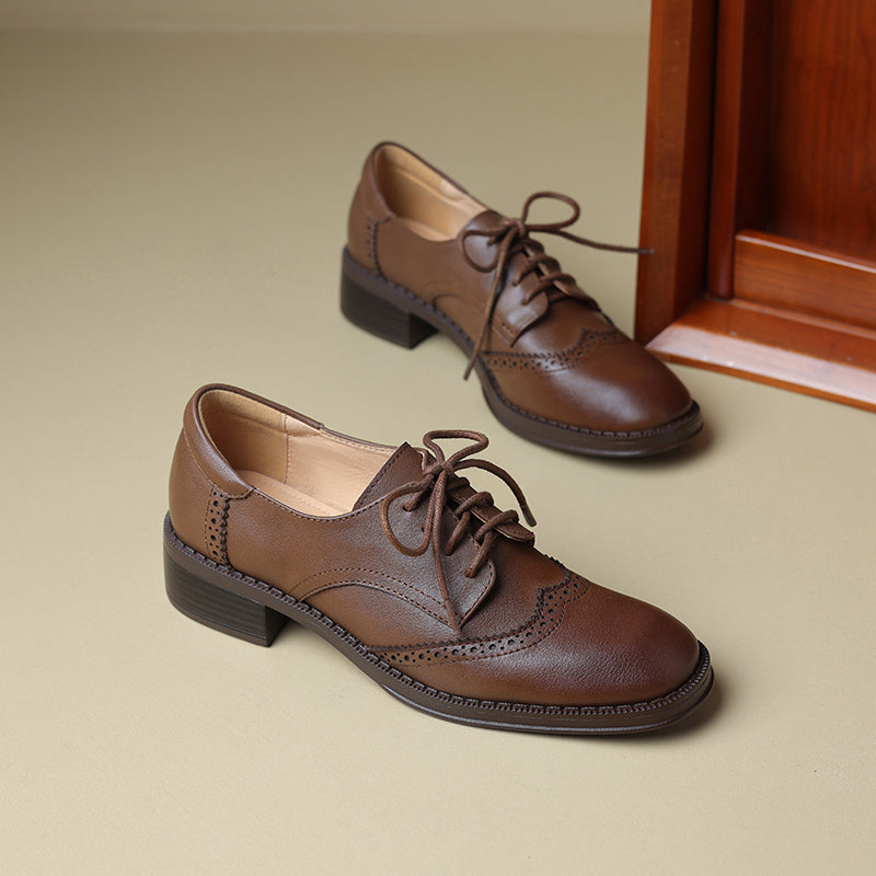 Women's Genuine Leather Brogue Oxfords Spring Fall Round Toe Lace-up Block Heel Shoes