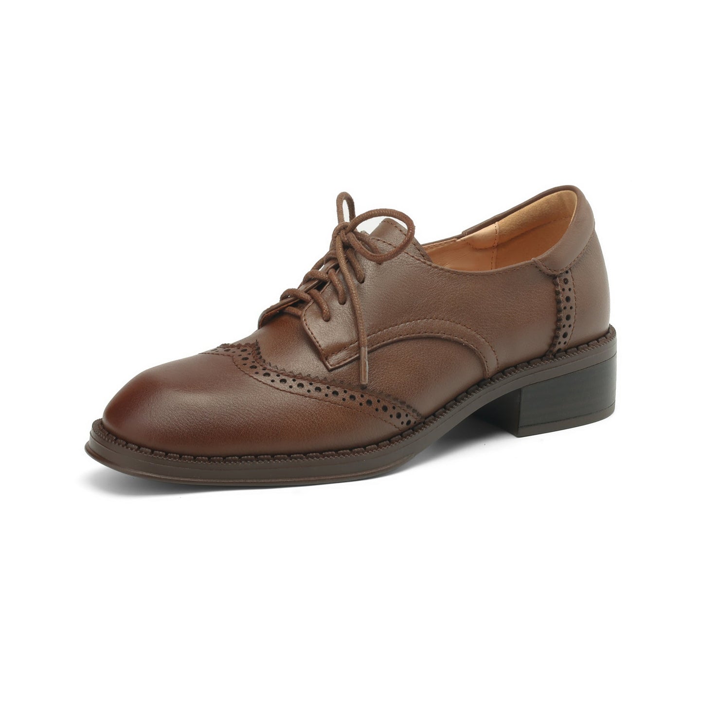 Women's Genuine Leather Brogue Oxfords Spring Fall Round Toe Lace-up Block Heel Shoes
