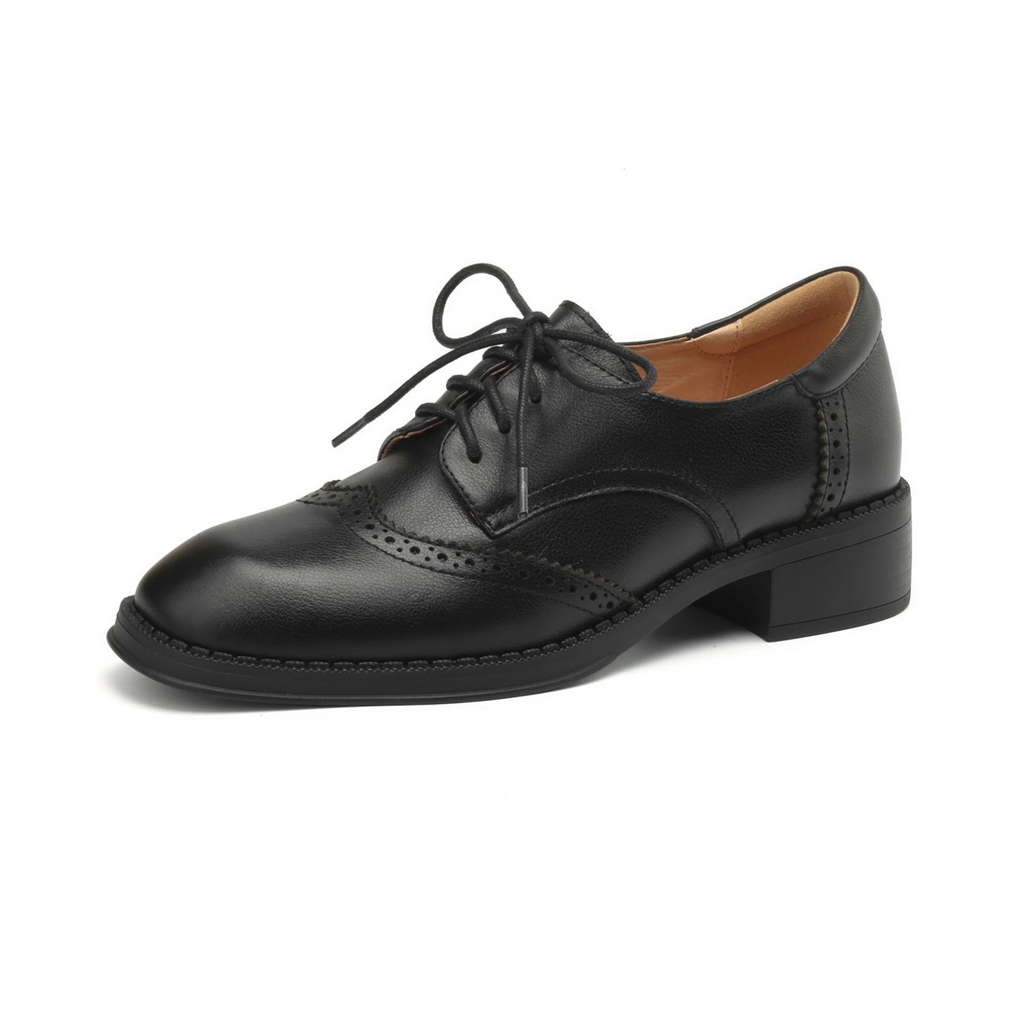 Women's Genuine Leather Brogue Oxfords Spring Fall Round Toe Lace-up Block Heel Shoes