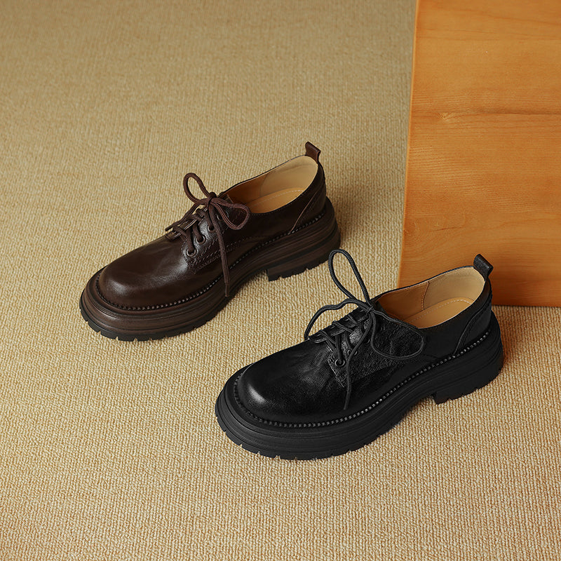 Women's Retro Leather Oxford Shoes Vintage Round Toe Lug Sole Chunky Platform Heels