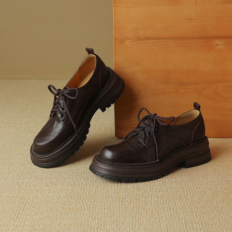 Women's Retro Leather Oxford Shoes Vintage Round Toe Lug Sole Chunky Platform Heels