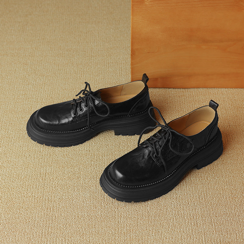 Women's Retro Leather Oxford Shoes Vintage Round Toe Lug Sole Chunky Platform Heels