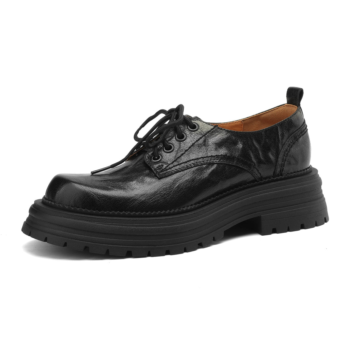 Women's Retro Leather Oxford Shoes Vintage Round Toe Lug Sole Chunky Platform Heels