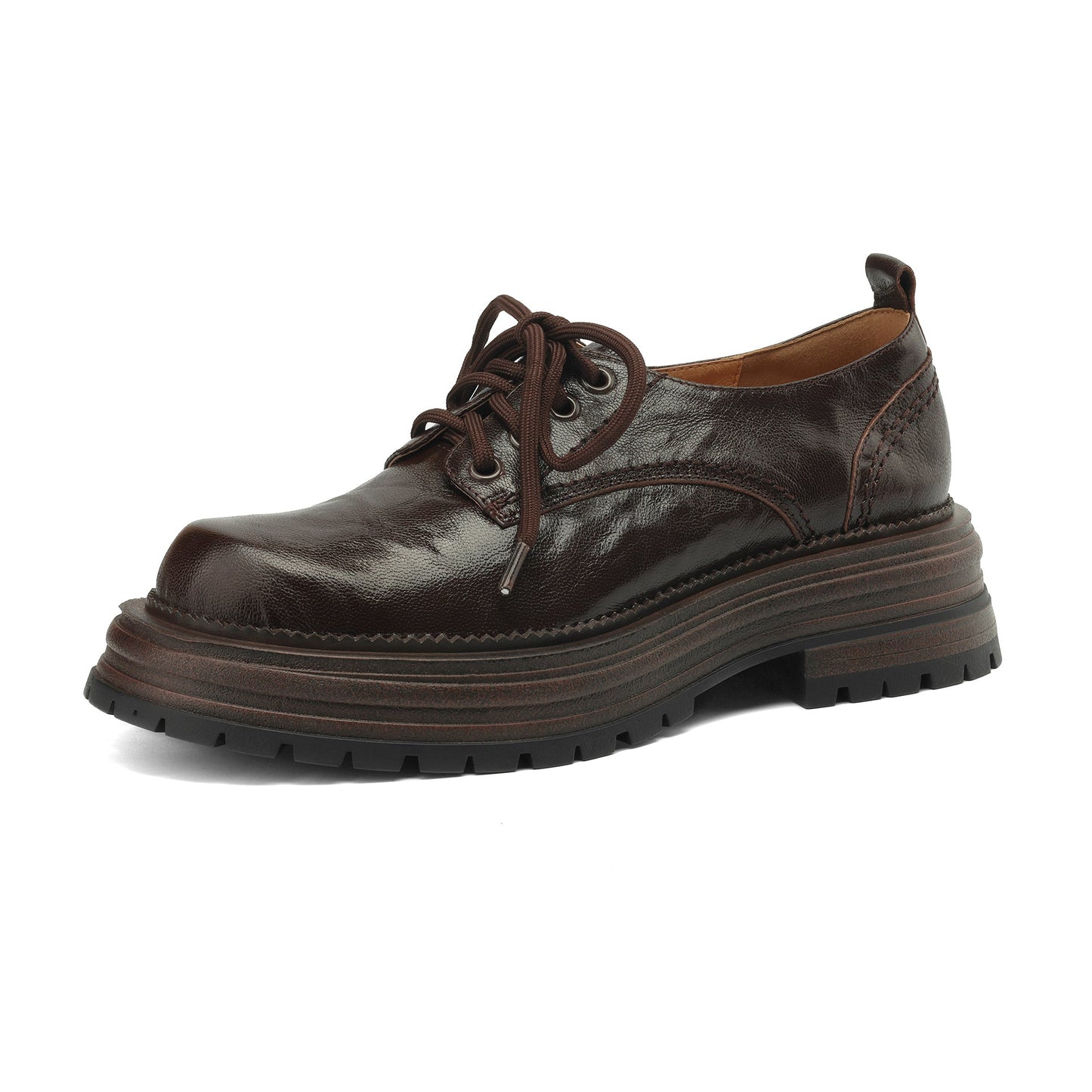 Women's Retro Leather Oxford Shoes Vintage Round Toe Lug Sole Chunky Platform Heels