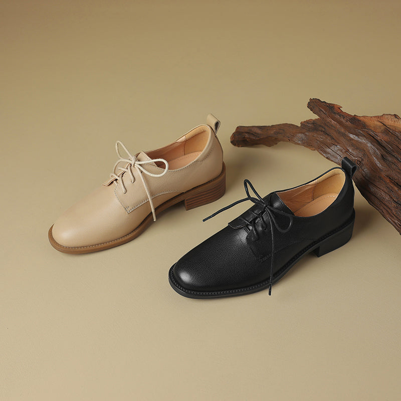Women's Retro Cowhide Oxfords Vintage Round Toe Lace-up Low Block Heel Casual Derby Shoes