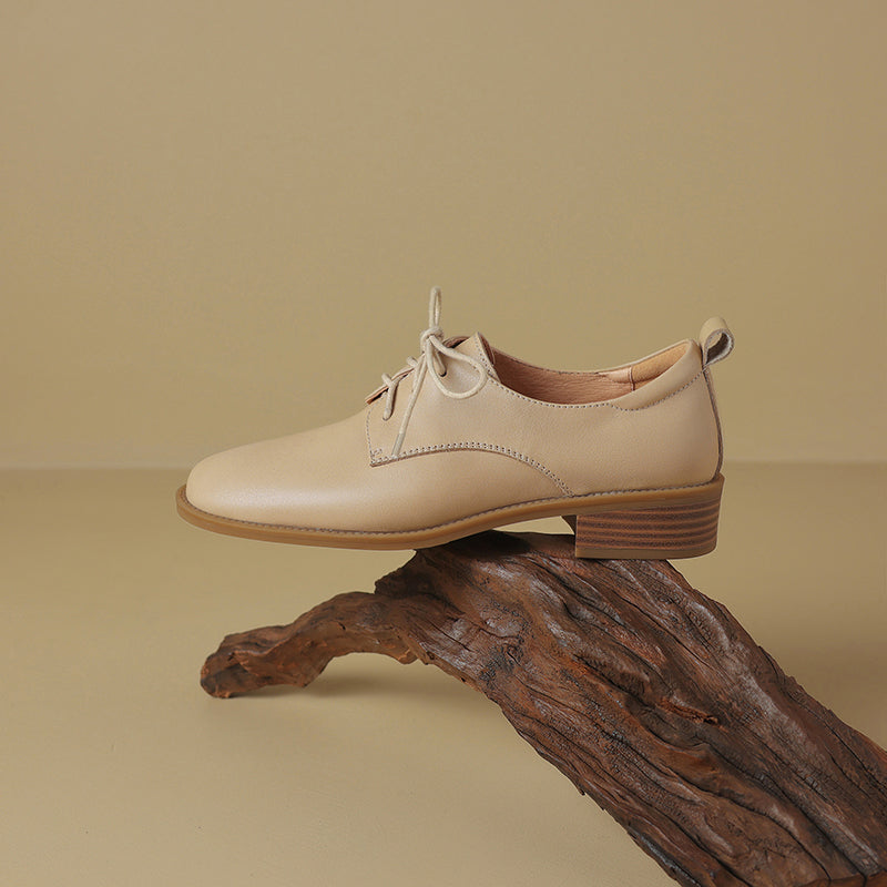 Women's Retro Cowhide Oxfords Vintage Round Toe Lace-up Low Block Heel Casual Derby Shoes