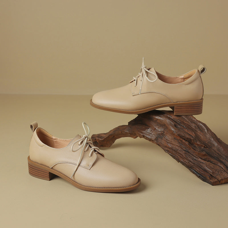 Women's Retro Cowhide Oxfords Vintage Round Toe Lace-up Low Block Heel Casual Derby Shoes