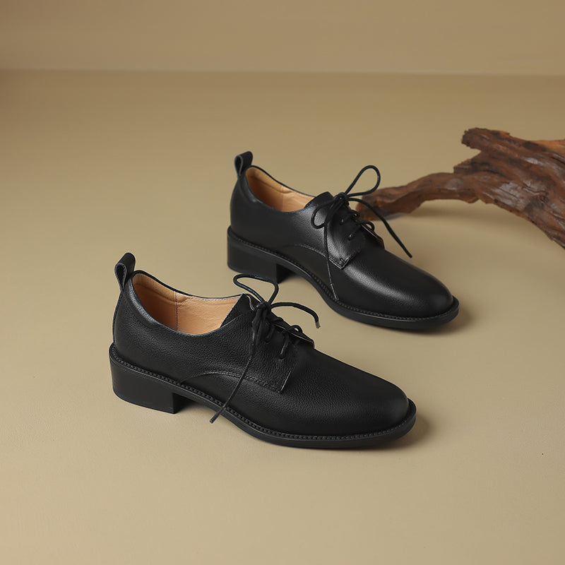 Women's Retro Cowhide Oxfords Vintage Round Toe Lace-up Low Block Heel Casual Derby Shoes