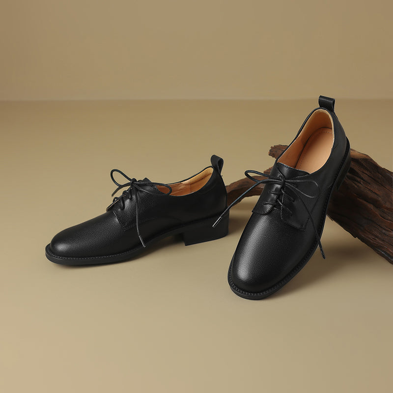 Women's Retro Cowhide Oxfords Vintage Round Toe Lace-up Low Block Heel Casual Derby Shoes