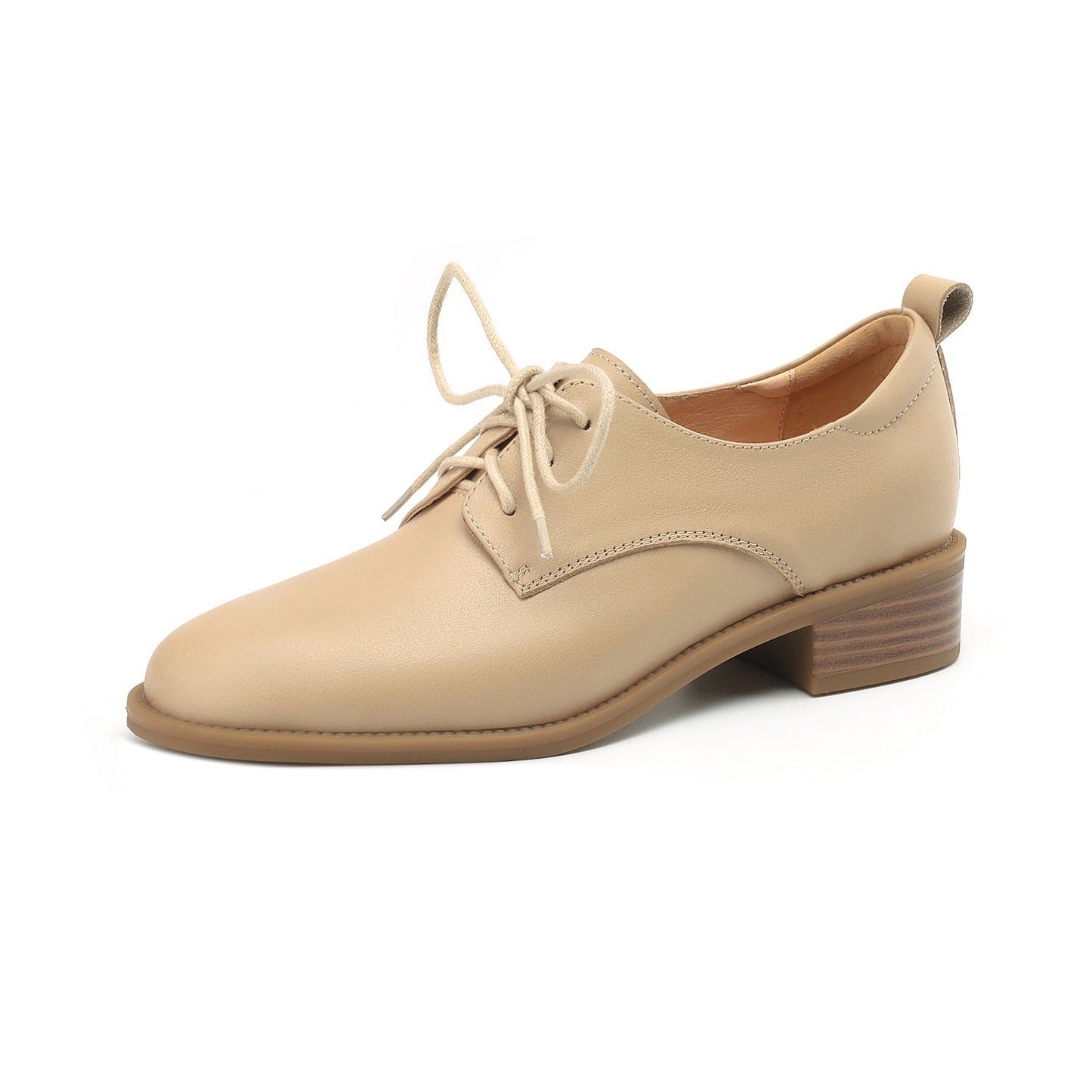 Women's Retro Cowhide Oxfords Vintage Round Toe Lace-up Low Block Heel Casual Derby Shoes