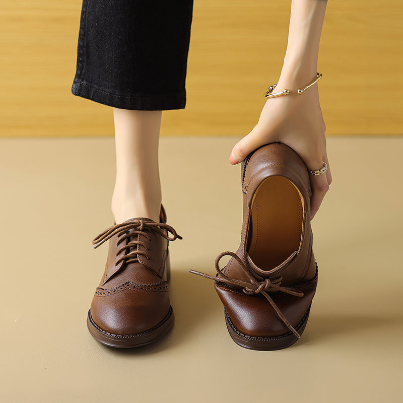 Women's Genuine Leather Brogue Oxfords Spring Fall Round Toe Lace-up Block Heel Shoes