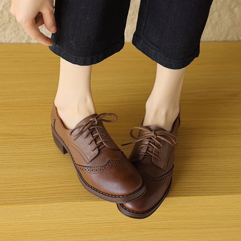 Women's Genuine Leather Brogue Oxfords Spring Fall Round Toe Lace-up Block Heel Shoes