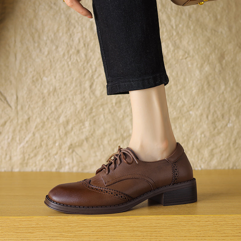 Women's Genuine Leather Brogue Oxfords Spring Fall Round Toe Lace-up Block Heel Shoes