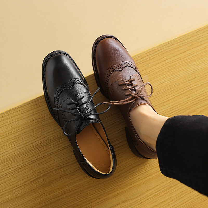 Women's Genuine Leather Brogue Oxfords Spring Fall Round Toe Lace-up Block Heel Shoes